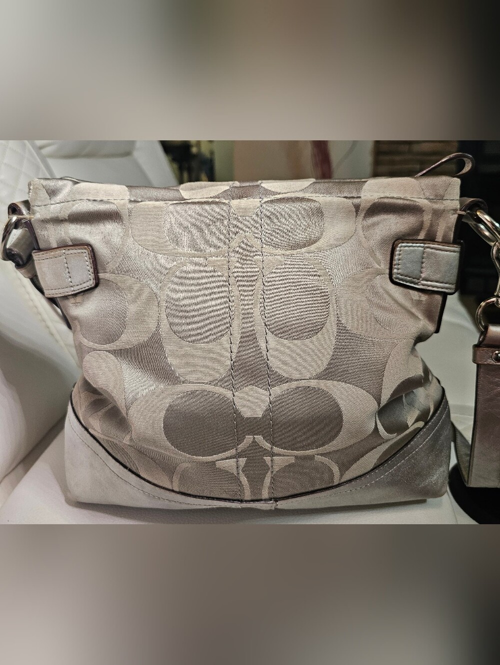 Coach Satin Signature Chain-Accent Shoulder Bag in Silver Taupe (Used) - Picture 3 of 13
